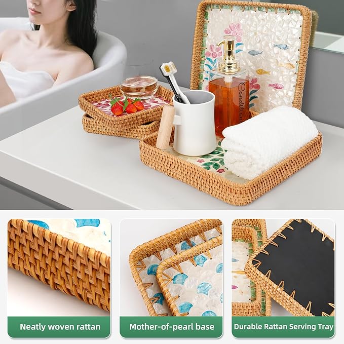1 pcs Rectangle Rattan Serving Tray with Mother of Pearl Inlay, Decorative Wicker Tray for Coffee, Bread, Fruits, Elegant Table Decor for Living Room & Dining Room