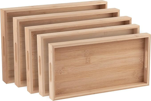 Bamboo Serving Tray Bamboo Decor - Five Piece Nested Breakfast Bamboo Tray - Wood Crafts Trays for Organizing | Bathroom Tray - Food Trays for Party Buffet Montessori Wooden Trays for Serving
