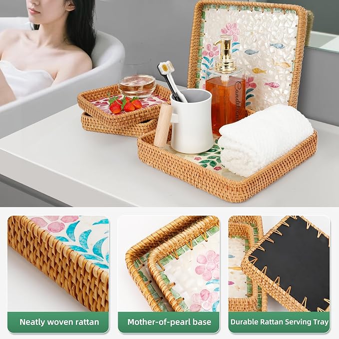 1 pcs Rectangle Rattan Serving Tray with Mother of Pearl Inlay, Decorative Wicker Tray for Coffee, Bread, Fruits, Elegant Table Decor for Living Room & Dining Room