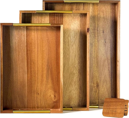 SNAZZORA Acacia Wood Serving Tray - Set of 3 with Golden Steel Handles 18", 16" & 14" with 6 Coasters - for Coffee Table, Ottoman in Living Room, Breakfast in Bed, Jewelry, Decorative